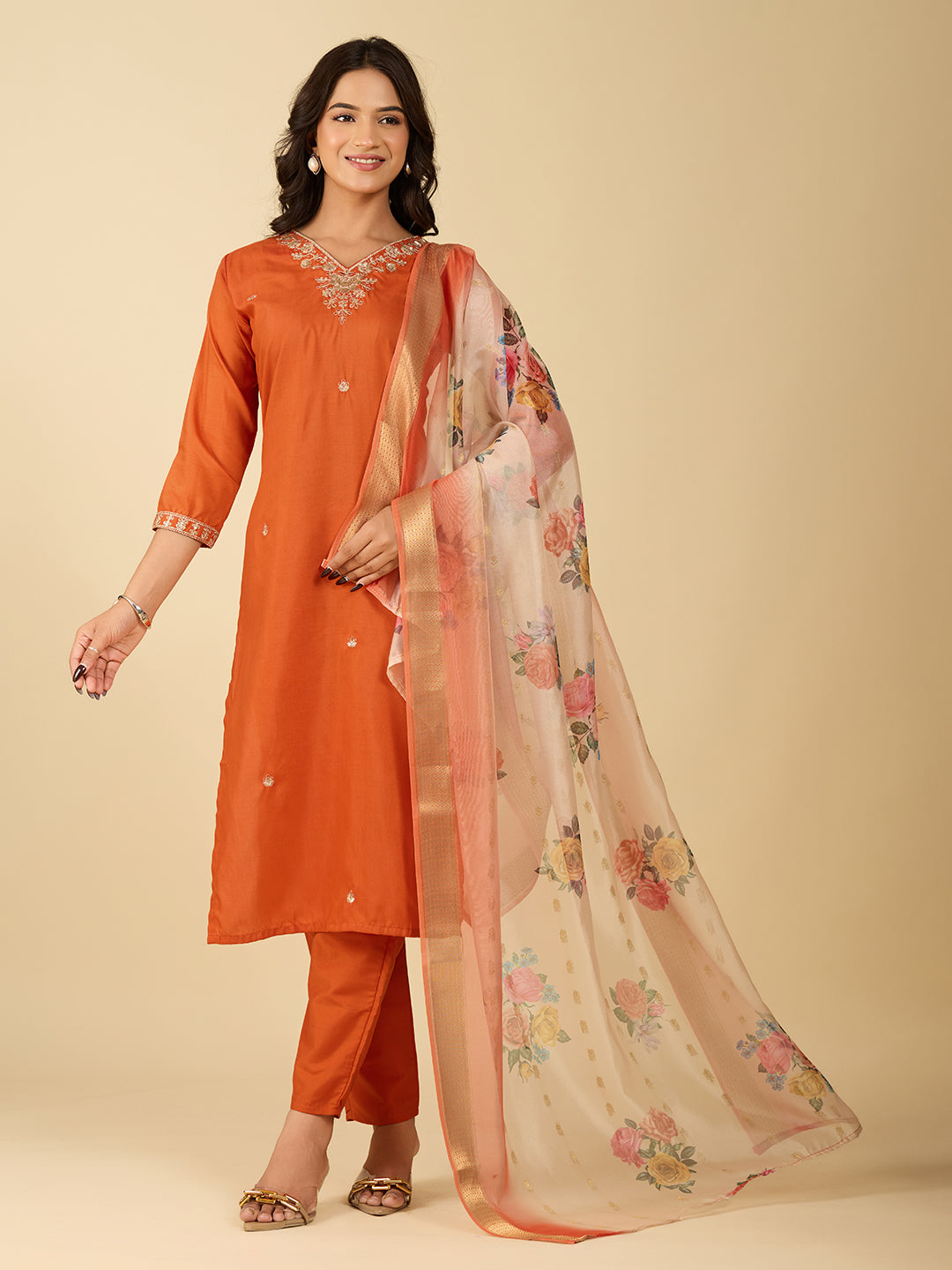 Women's Orange Silk Blend Embroidered Kurta Set