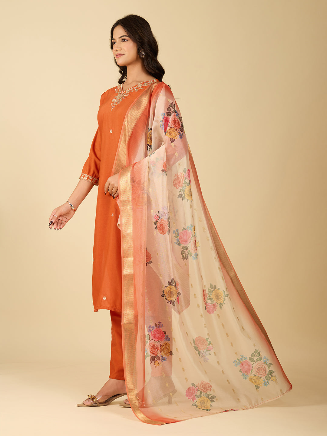 Women's Orange Silk Blend Embroidered Kurta Set