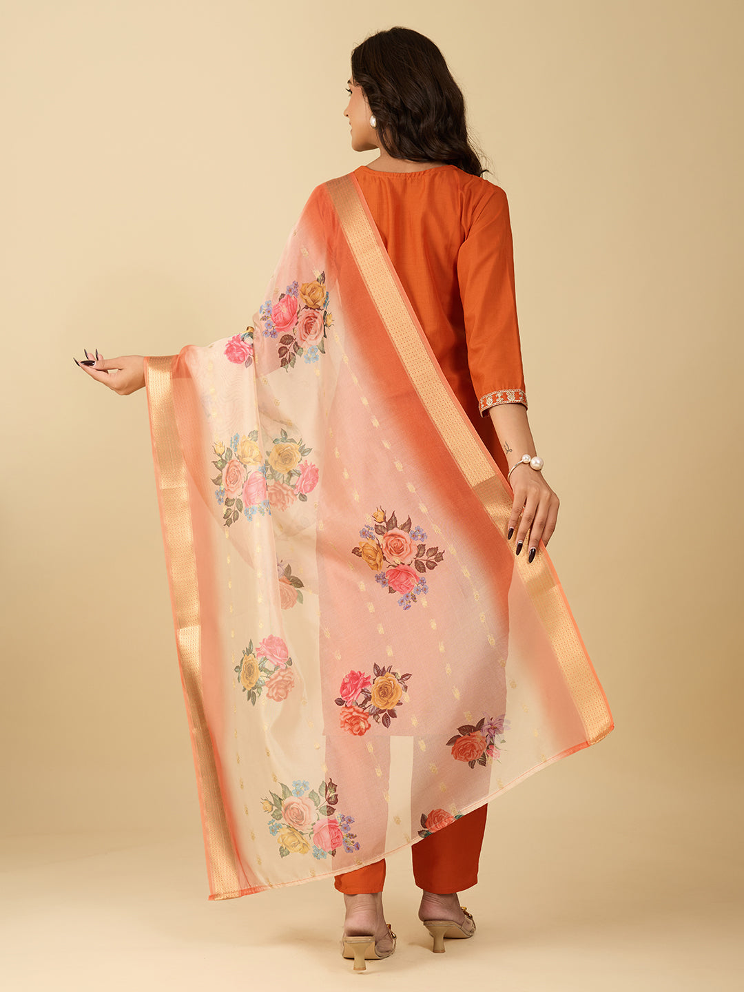 Women's Orange Silk Blend Embroidered Kurta Set
