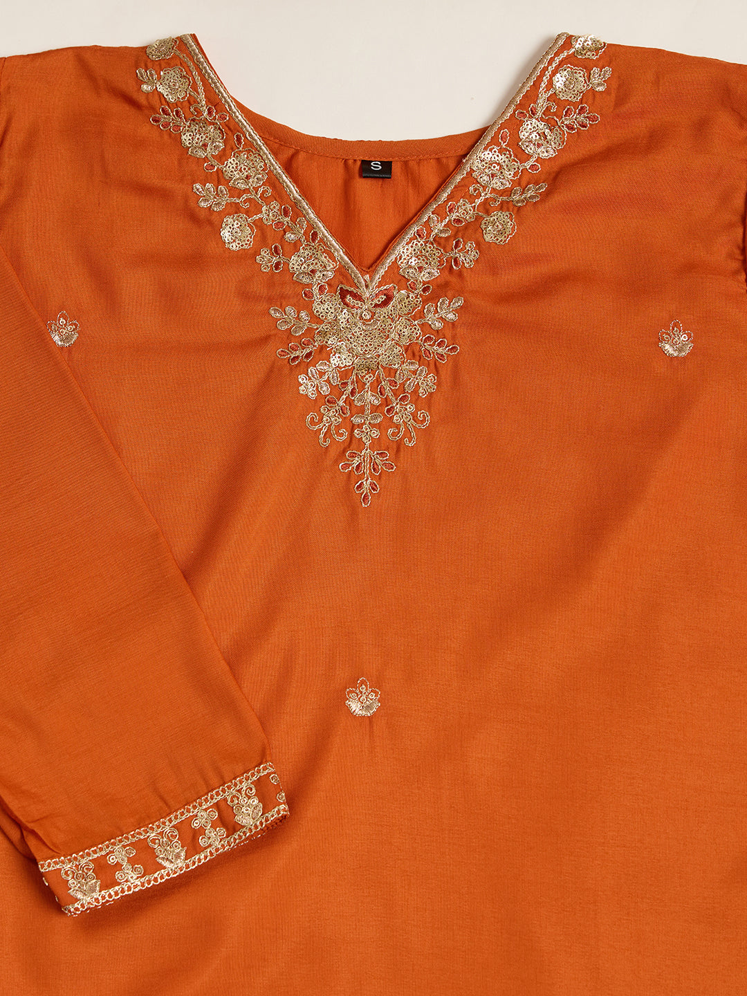 Women's Orange Silk Blend Embroidered Kurta Set