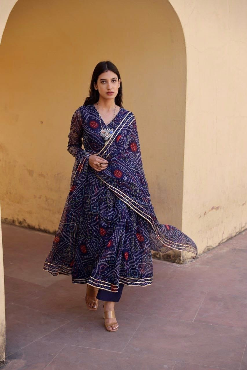 Women's Blue Heavy Georgette Bandhani Print Gown With Dupatta - Dwija Fashion