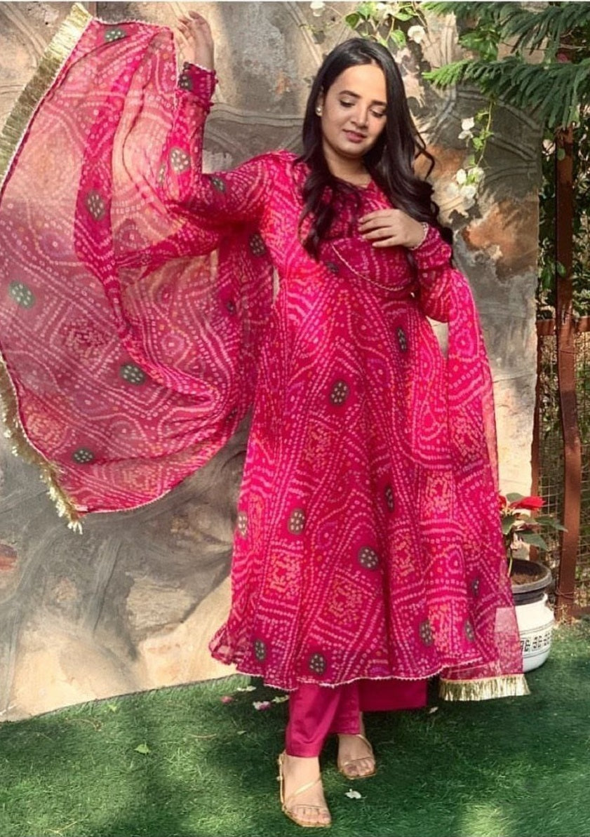 Women's Pink Heavy Georgette Bandhani Print Work Gown With Dupatta - Dwija Fashion