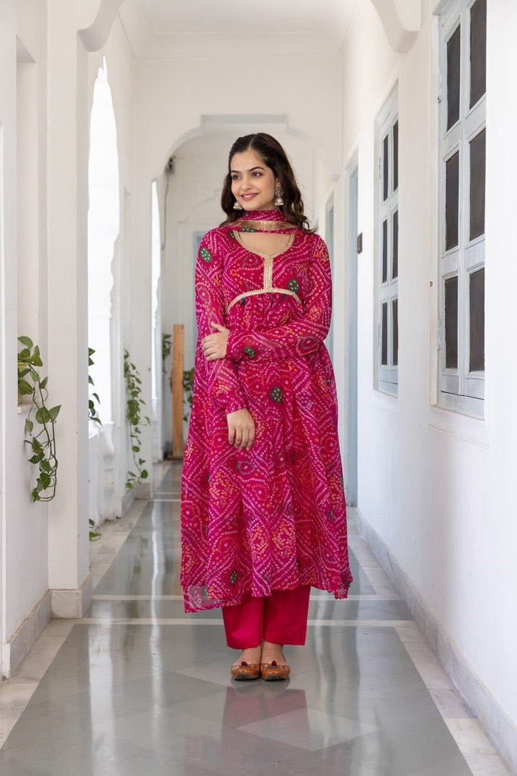 Women's Pink Heavy Delta Silk Bandhani Print Work Gown With Pant and Dupatta Set - Dwija Fashion