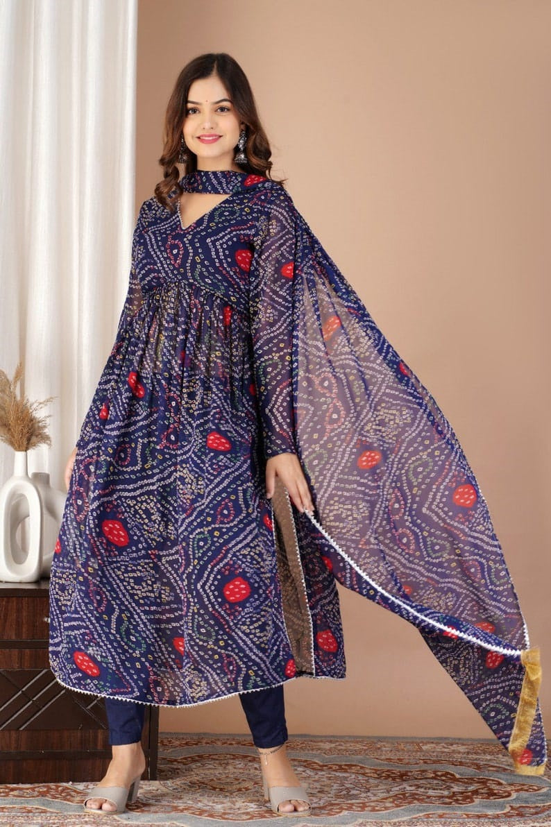 Women's Blue Heavy Delta Silk Bandhani Print Gown With Pant and Dupatta Set - Dwija Fashion