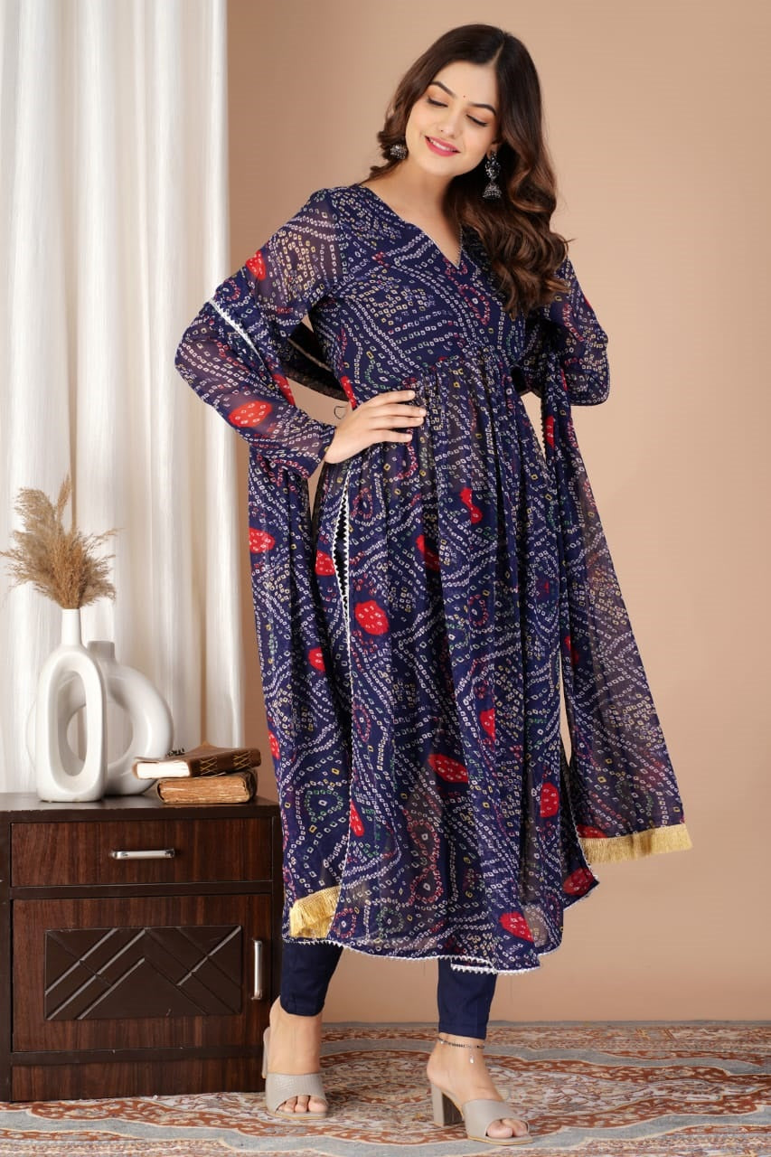 Women's Blue Heavy Delta Silk Bandhani Print Gown With Pant and Dupatta Set - Dwija Fashion