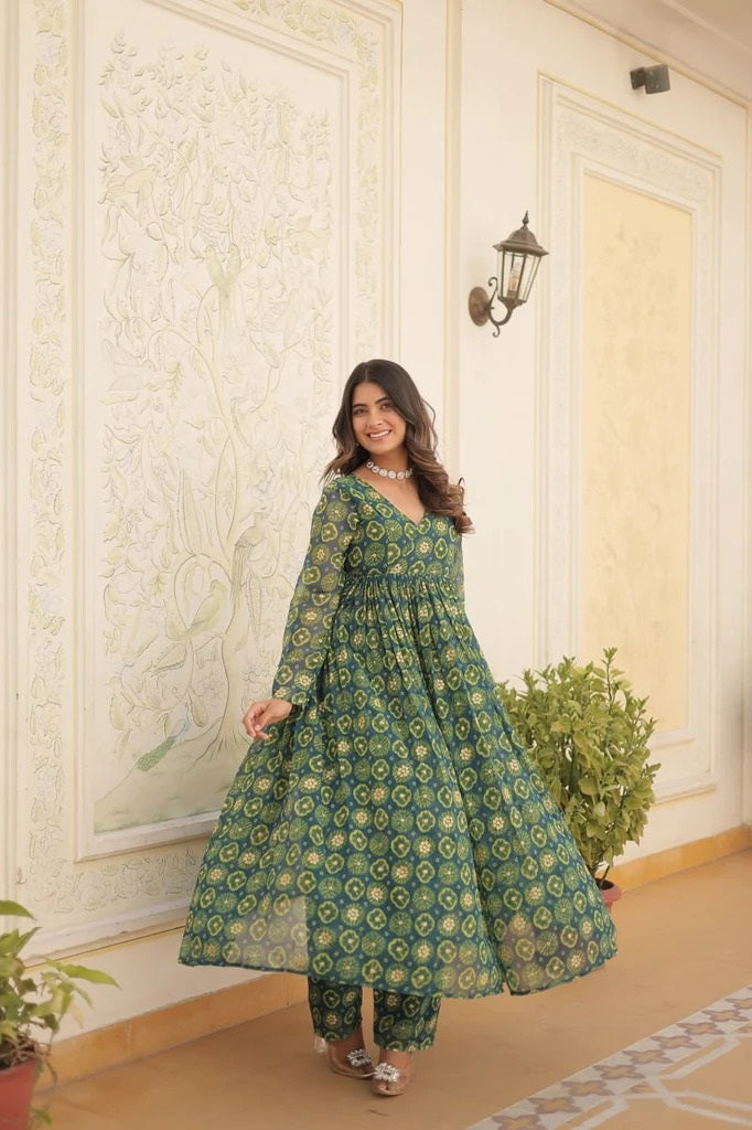 Women's Green Heavy Silk Printed Gown with Pant - Dwija Fashion