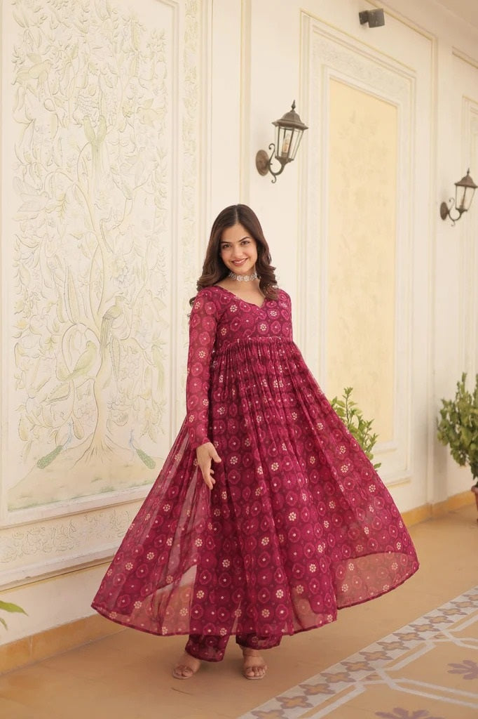 Women's Pink Heavy Silk Printed Gown with Pant - Dwija Fashion