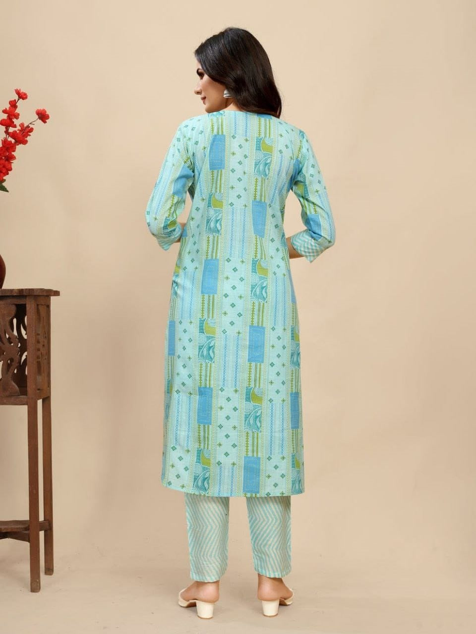 Women's Sky Blue Cotton Printed Kurti with Pant - Dwija Fashion