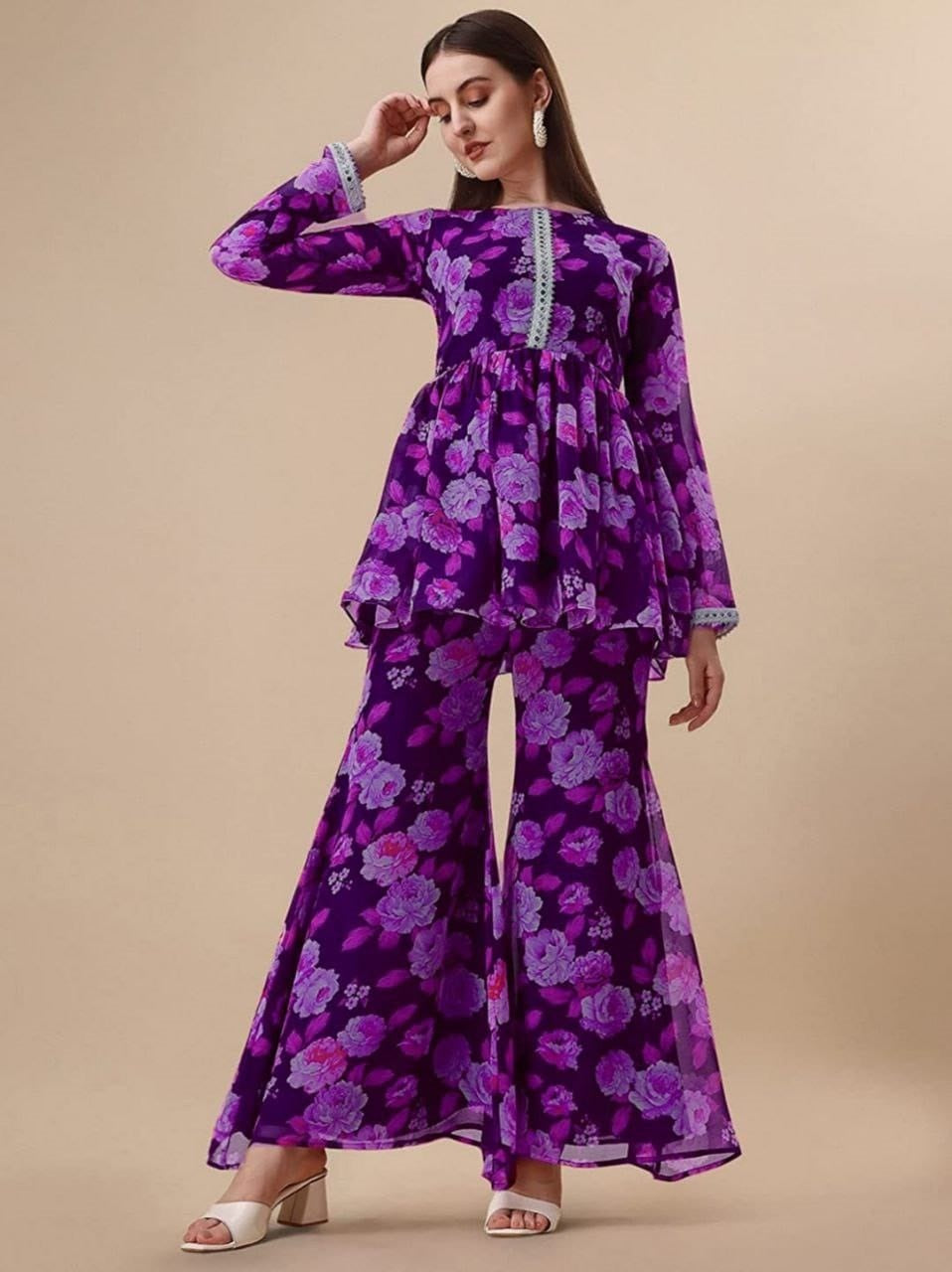 Women's Purple Georgette(Inner-Crape) Printed Kurti with Sharara Set - Dwija Fashion