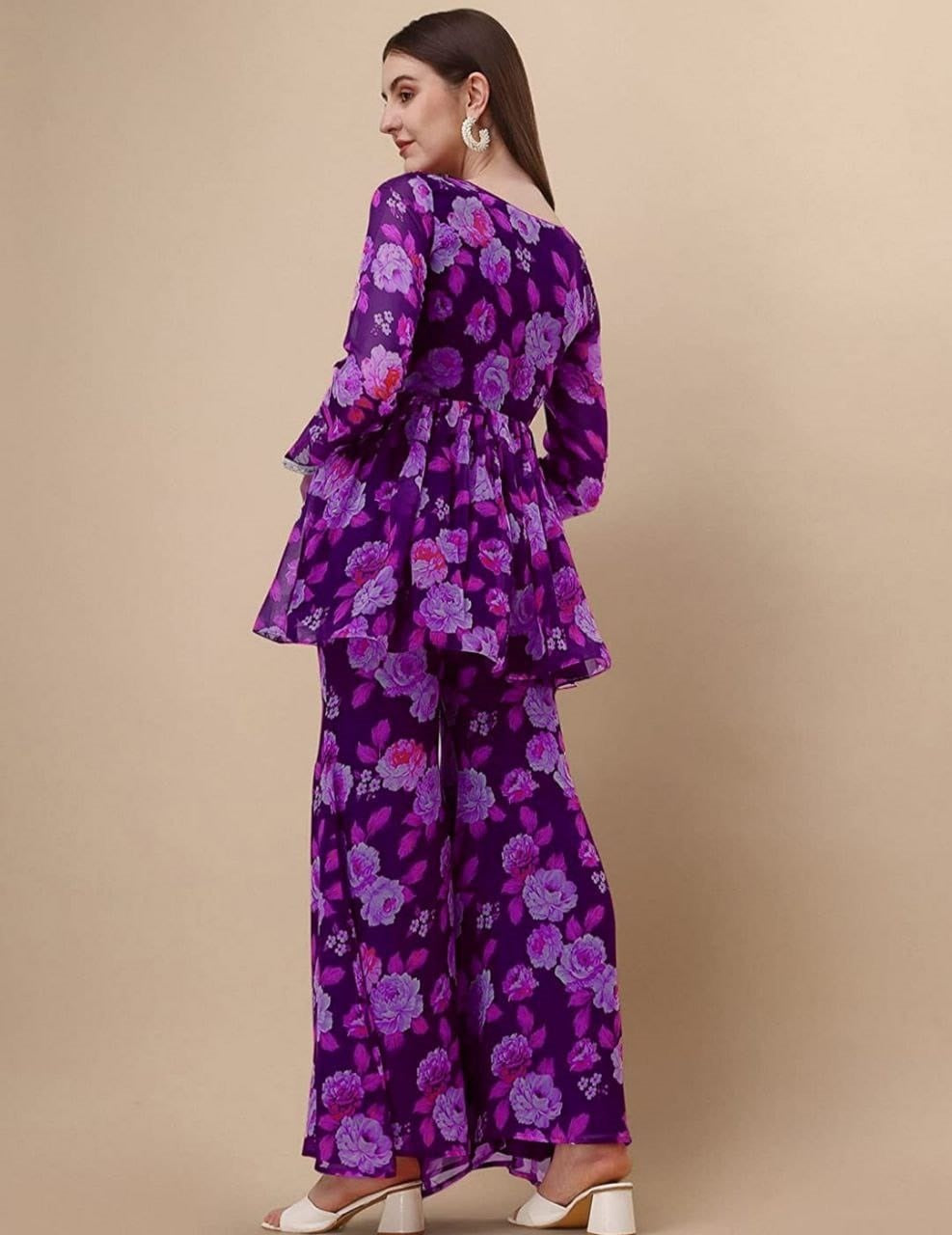 Women's Purple Georgette(Inner-Crape) Printed Kurti with Sharara Set - Dwija Fashion