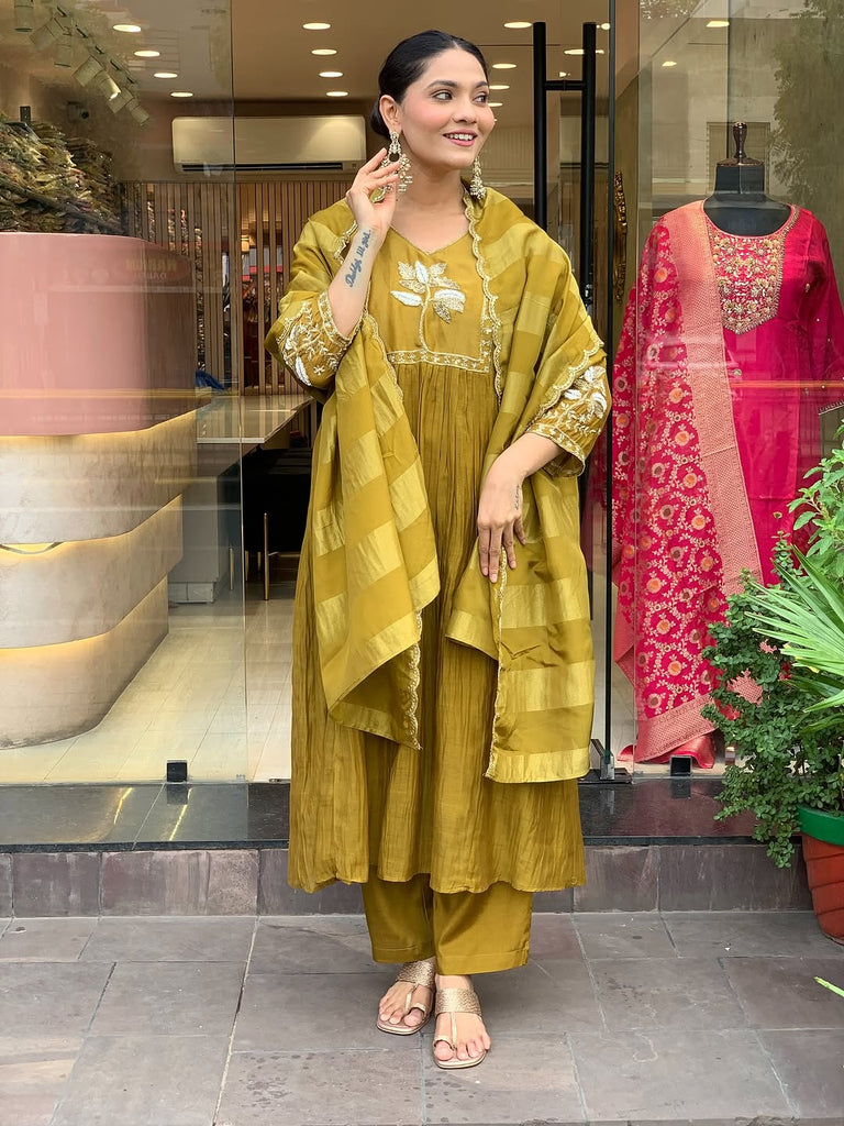 Women's Mustard Embroidered Kurta With Pant And Duppata Set