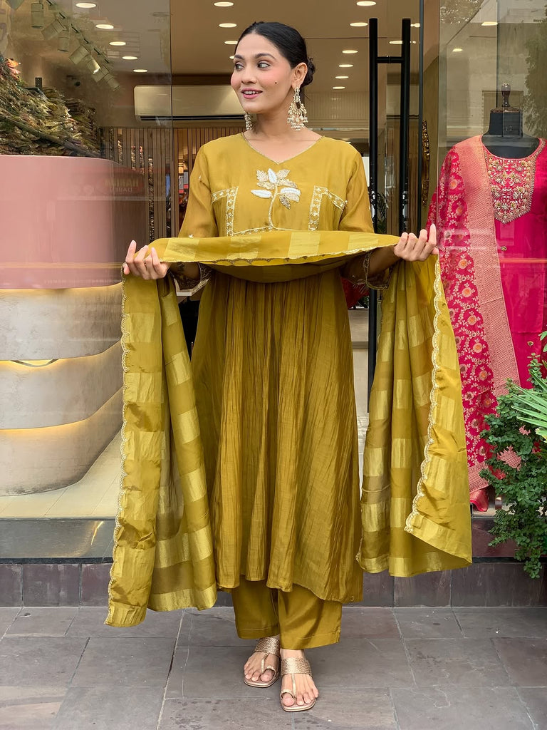Women's Mustard Embroidered Kurta With Pant And Duppata Set