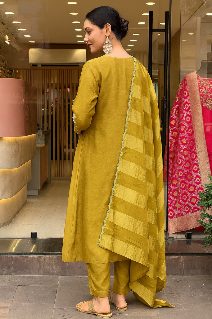 Women's Mustard Embroidered Kurta With Pant And Duppata Set