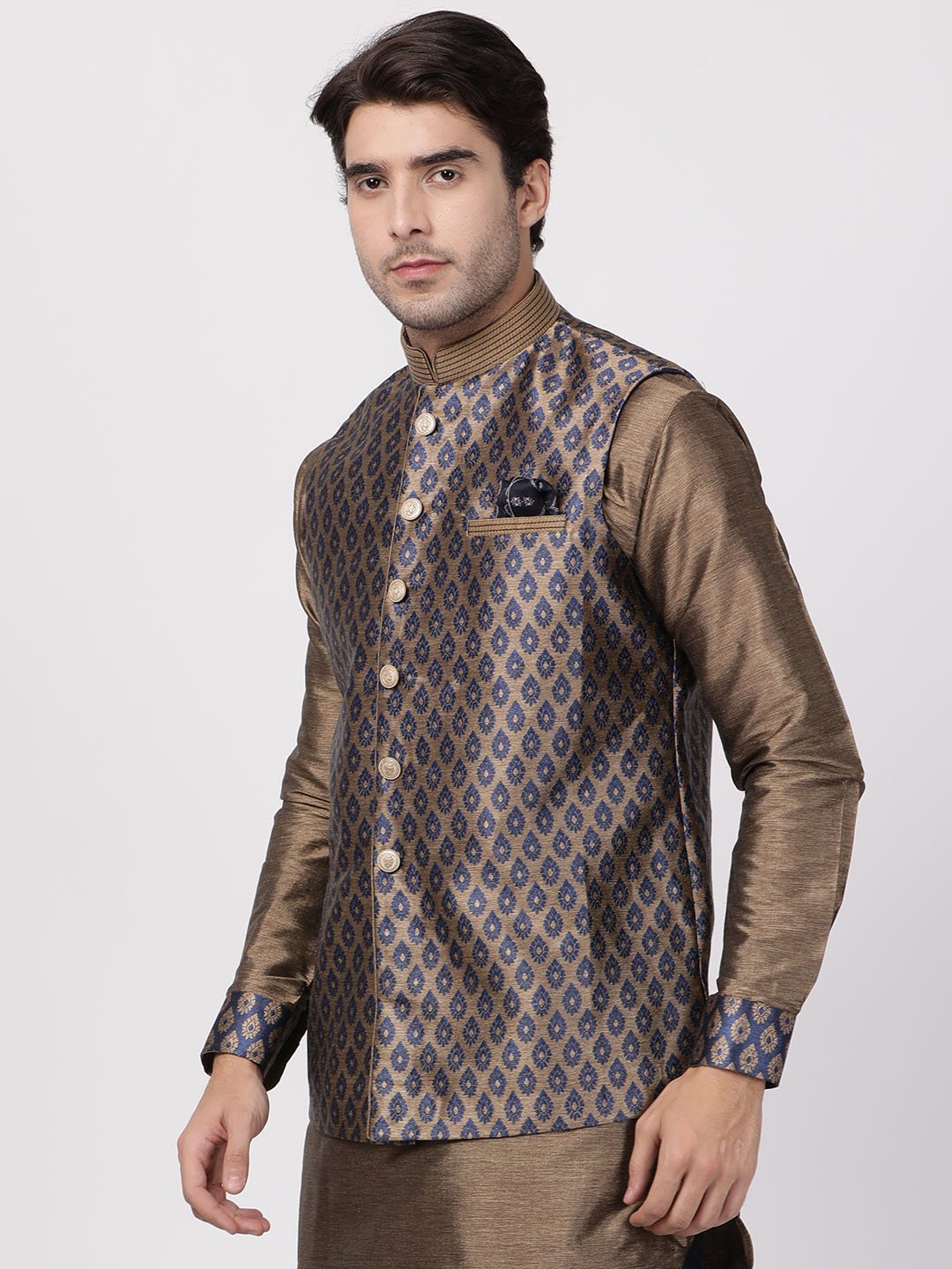 Men's Dark Blue Cotton Silk Blend Ethnic Jacket