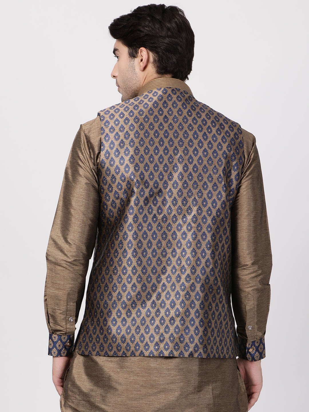 Men's Dark Blue Cotton Silk Blend Ethnic Jacket