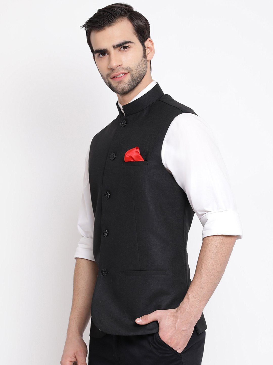 Men's Black Cotton Silk Blend Nehru Jacket - Final Clearance Sale