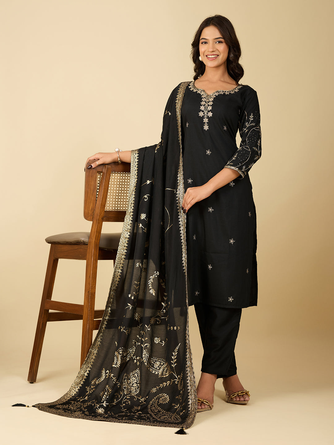 Women's Black Cotton Silk Embroidered Kurta Set