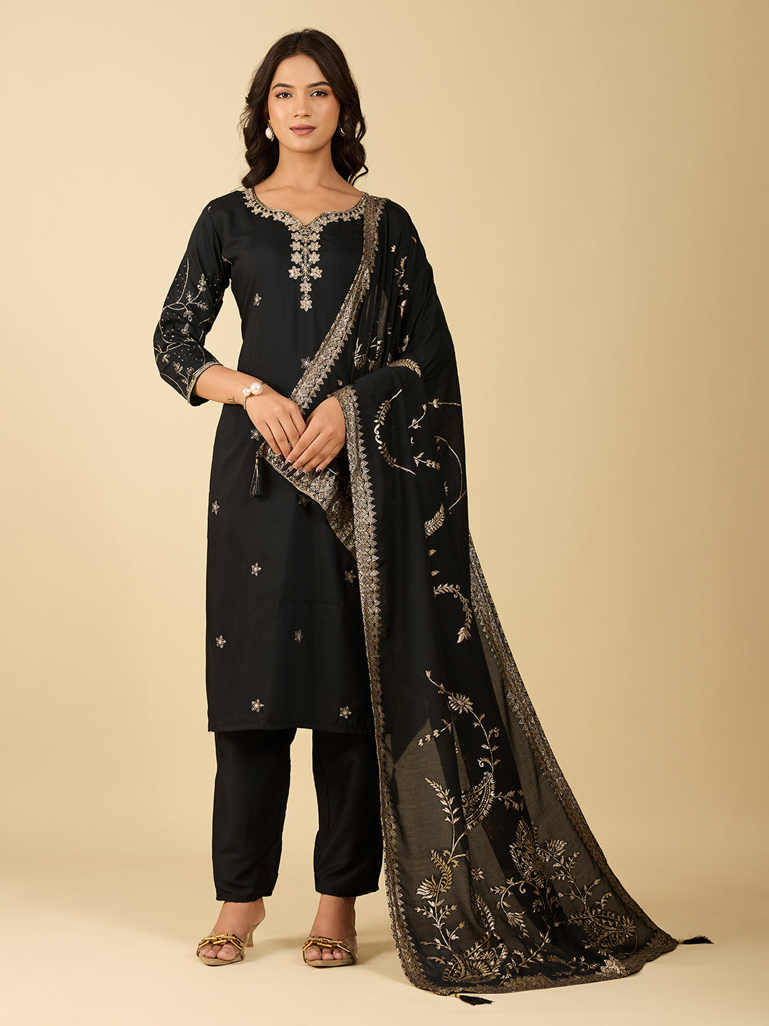 Women's Black Cotton Silk Embroidered Kurta Set