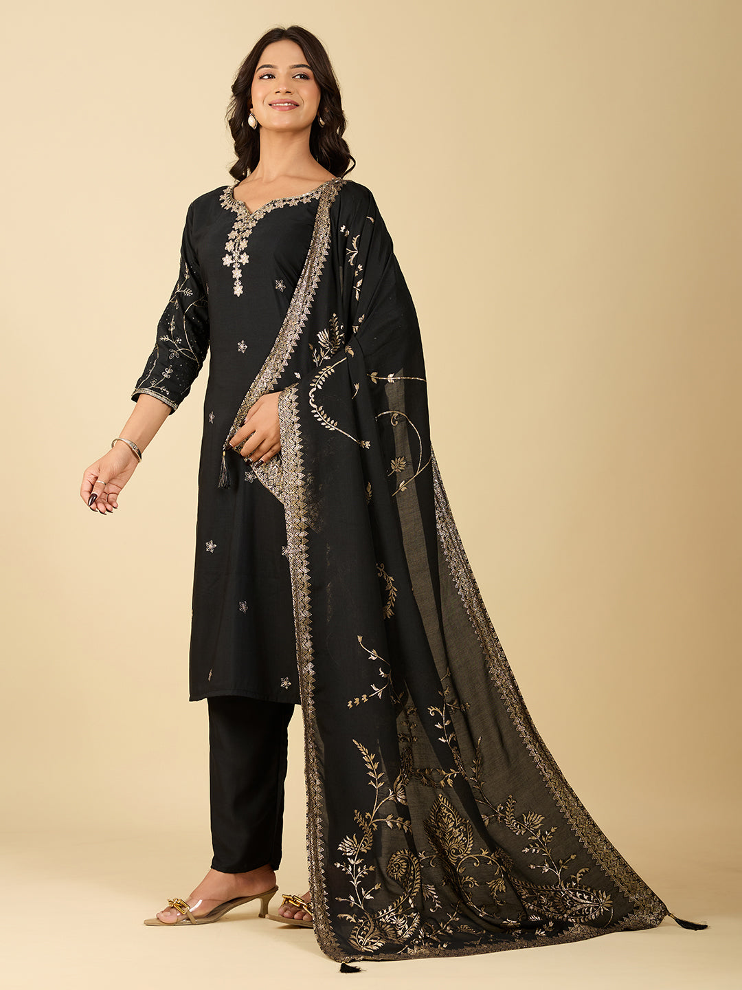 Women's Black Cotton Silk Embroidered Kurta Set