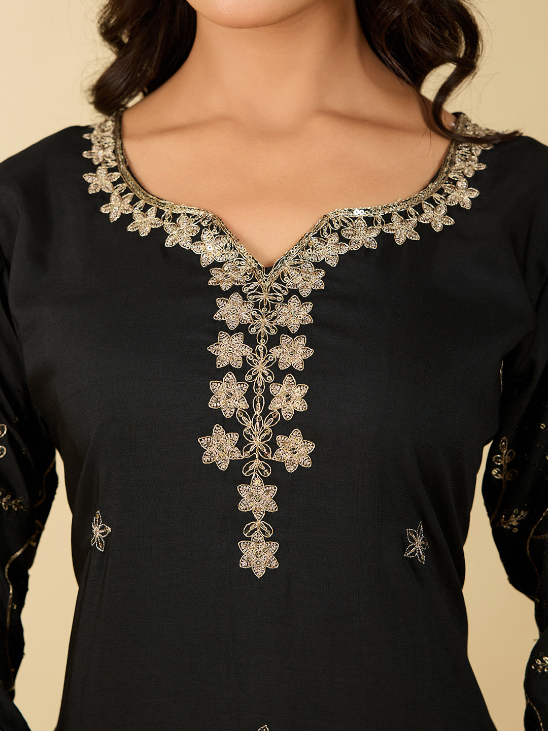 Women's Black Cotton Silk Embroidered Kurta Set