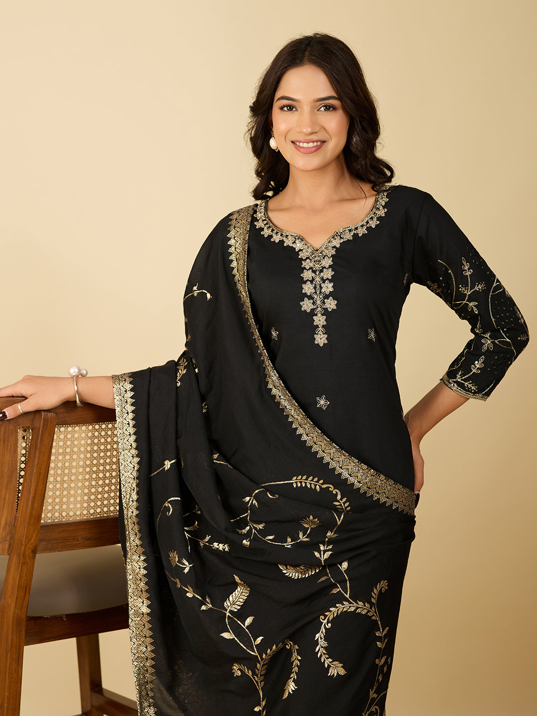 Women's Black Cotton Silk Embroidered Kurta Set