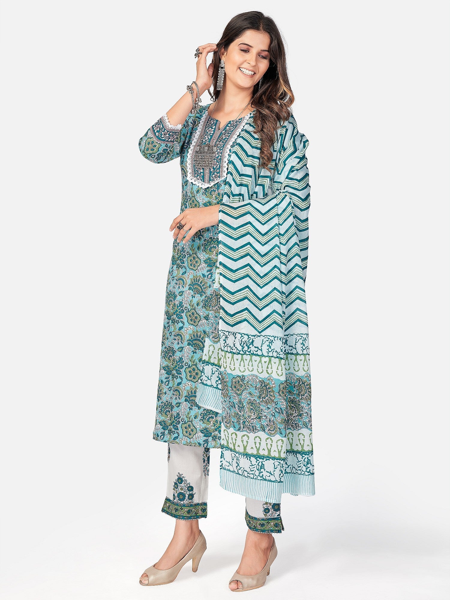 Women's Blue Cotton Kurta With Pant & Dupatta By Vbuyz (3