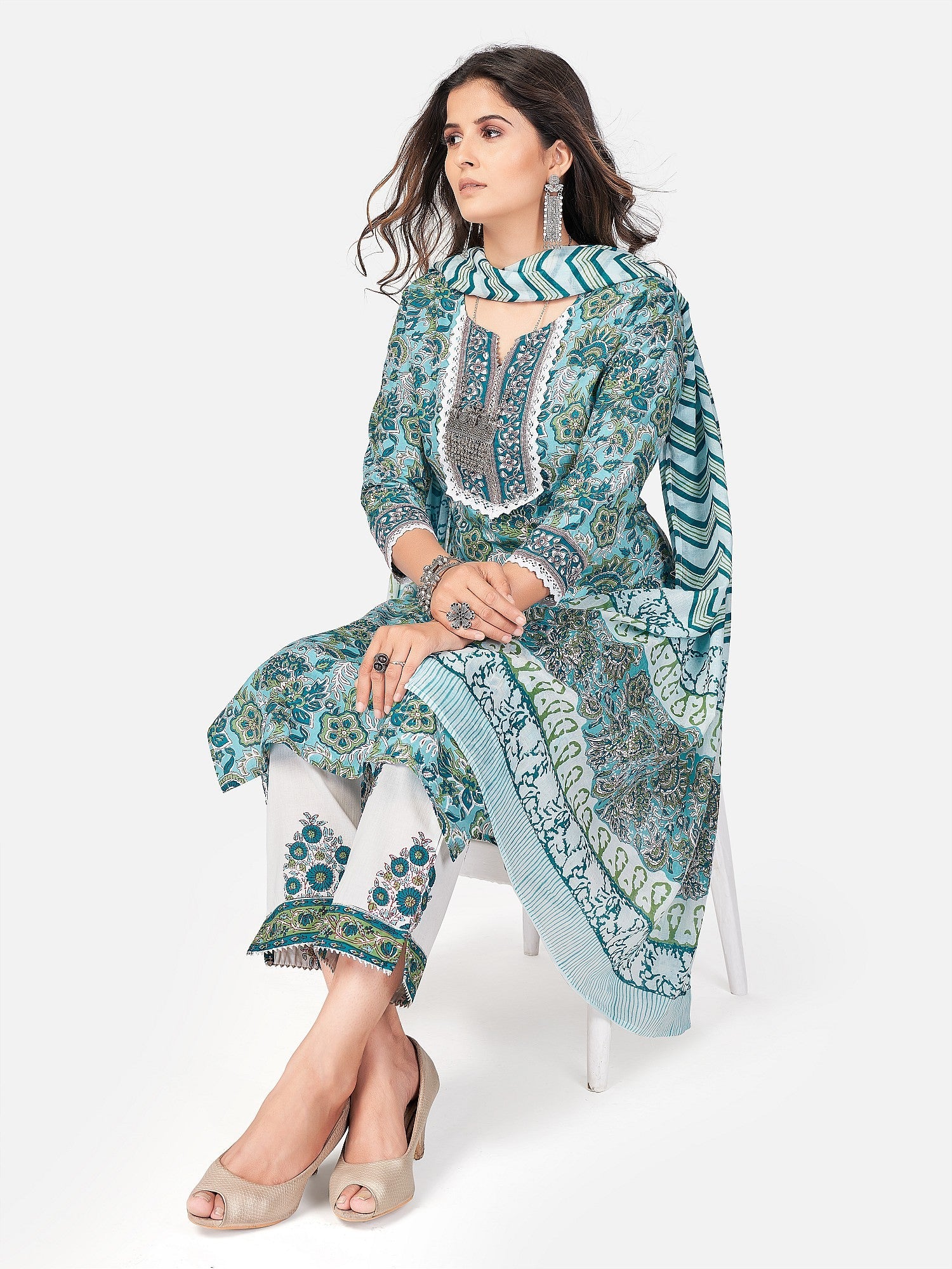 Women's Blue Cotton Kurta With Pant & Dupatta By Vbuyz (3