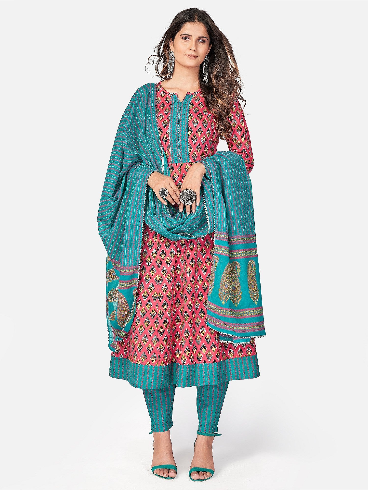 Women's Dark Pink Cotton Kurta With Pant & Dupatta By Vbuyz (3