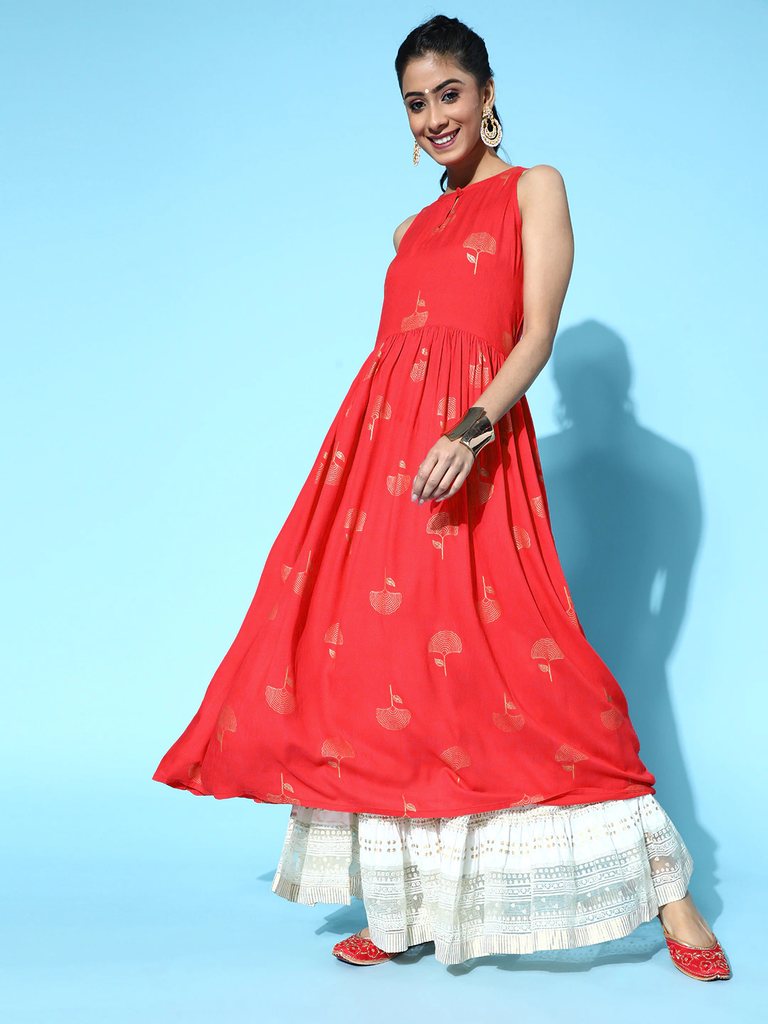 Women's Attractive Red Cotton Ethnic Motifs Kurta