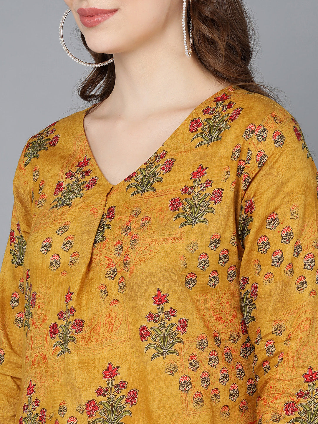 Women's Cotton Mustard Floral Printed High-Low Kurta - Ahika