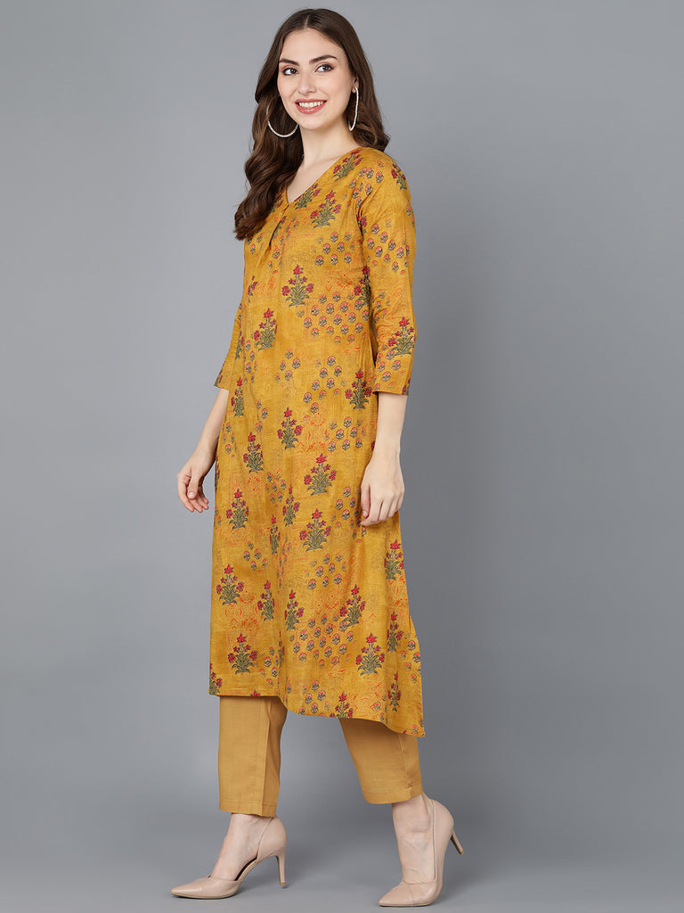 Women's Cotton Mustard Floral Printed High-Low Kurta