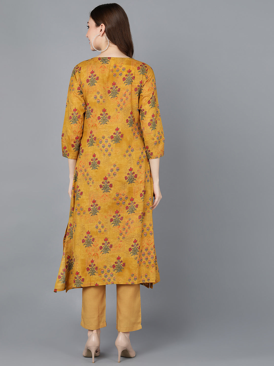 Women's Cotton Mustard Floral Printed High-Low Kurta - Ahika