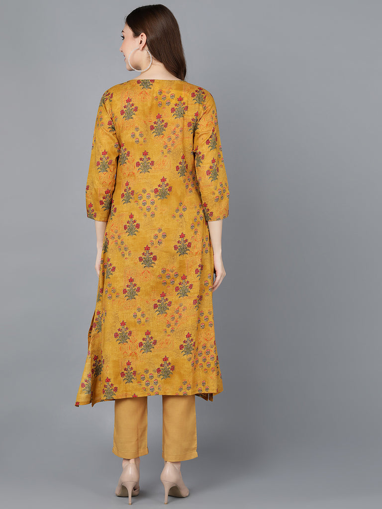 Women's Cotton Mustard Floral Printed High-Low Kurta