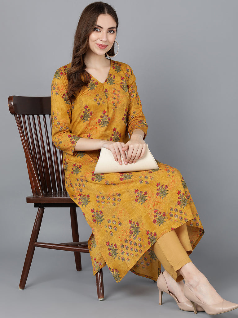 Women's Cotton Mustard Floral Printed High-Low Kurta