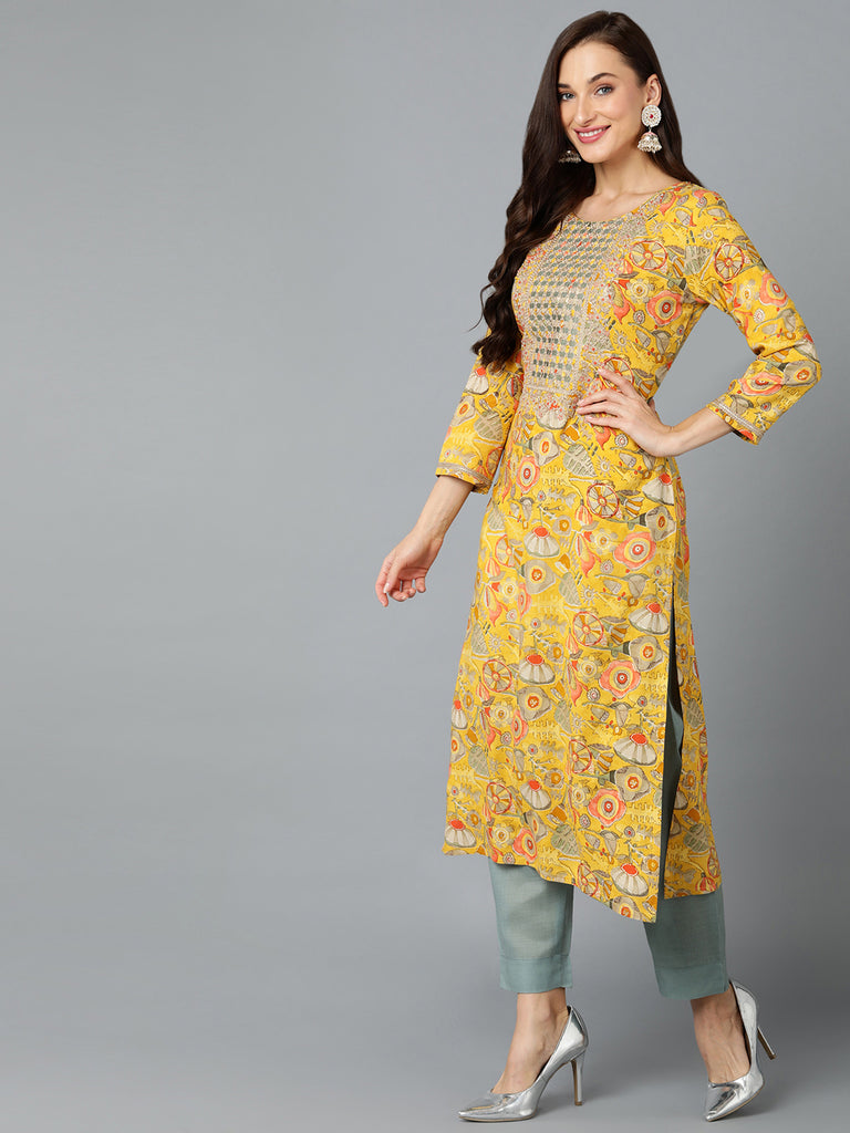 Women's Viscose Rayon Chrome Yellow Printed Regular Fit Kurta