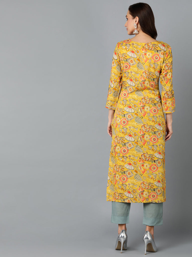 Women's Viscose Rayon Chrome Yellow Printed Regular Fit Kurta