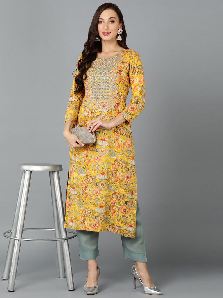 Women's Viscose Rayon Chrome Yellow Printed Regular Fit Kurta