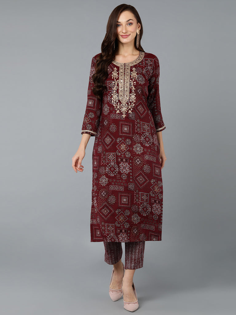 Women's Silk Blend Maroon Printed Regular Fit Kurta
