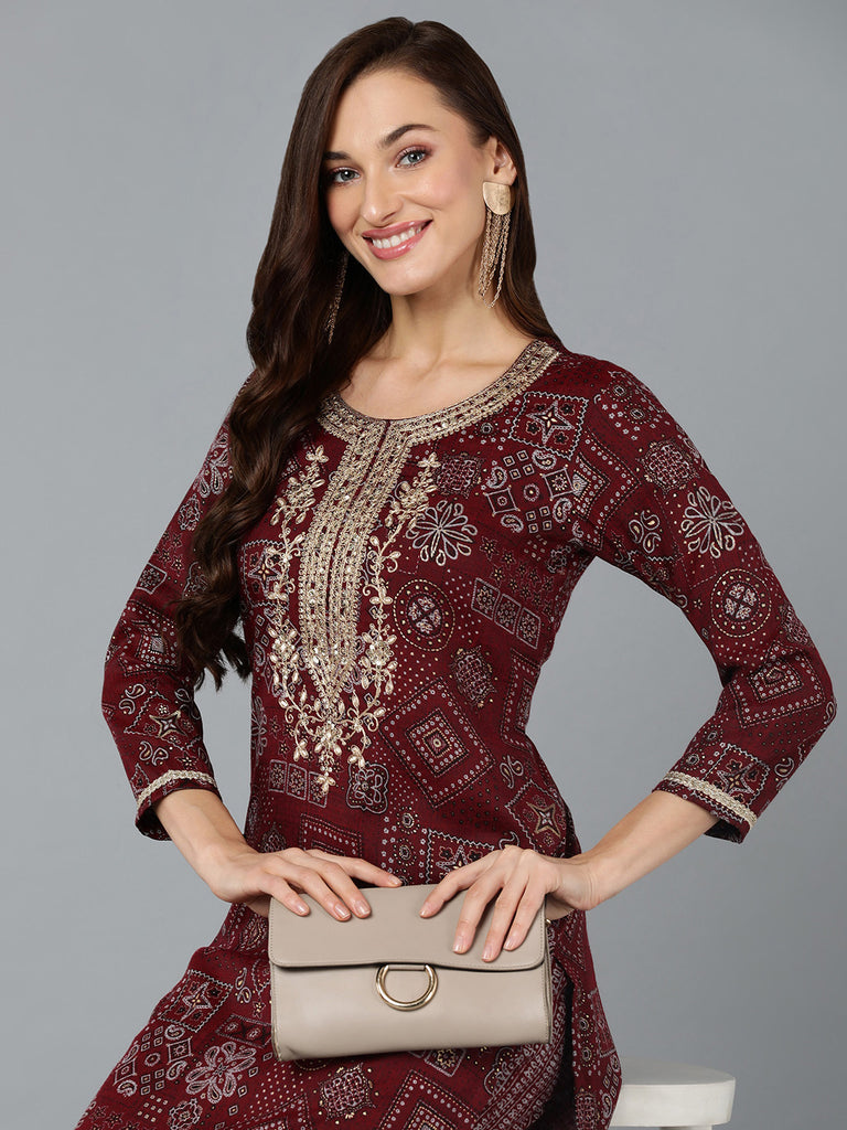 Women's Silk Blend Maroon Printed Regular Fit Kurta