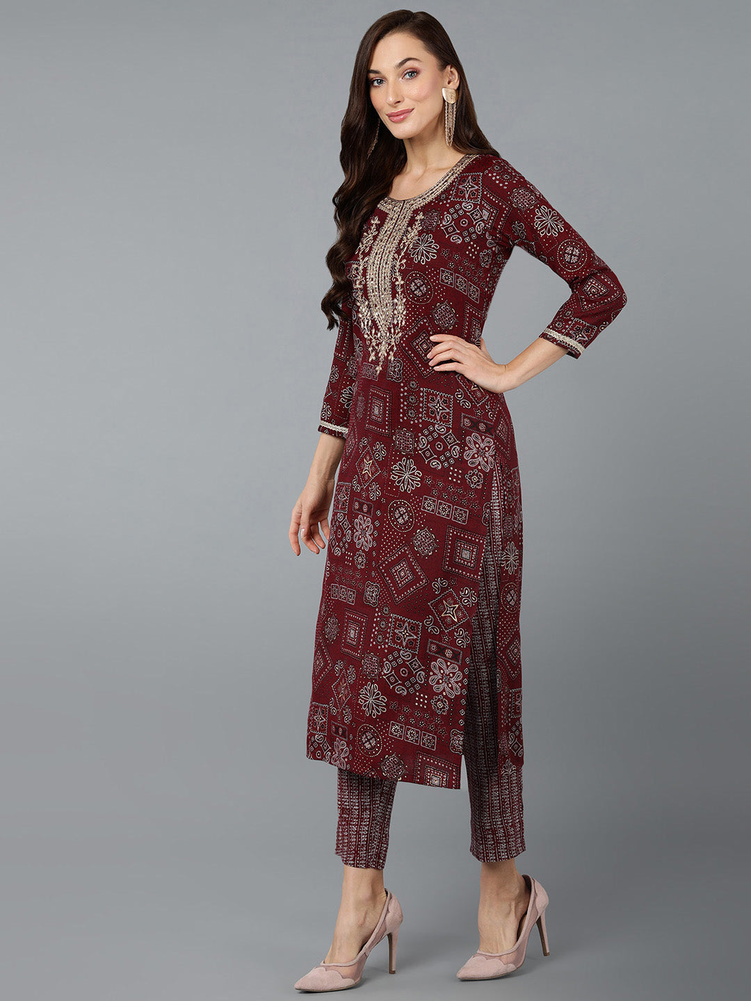 Women's Silk Blend Maroon Printed Regular Fit Kurta - Ahika