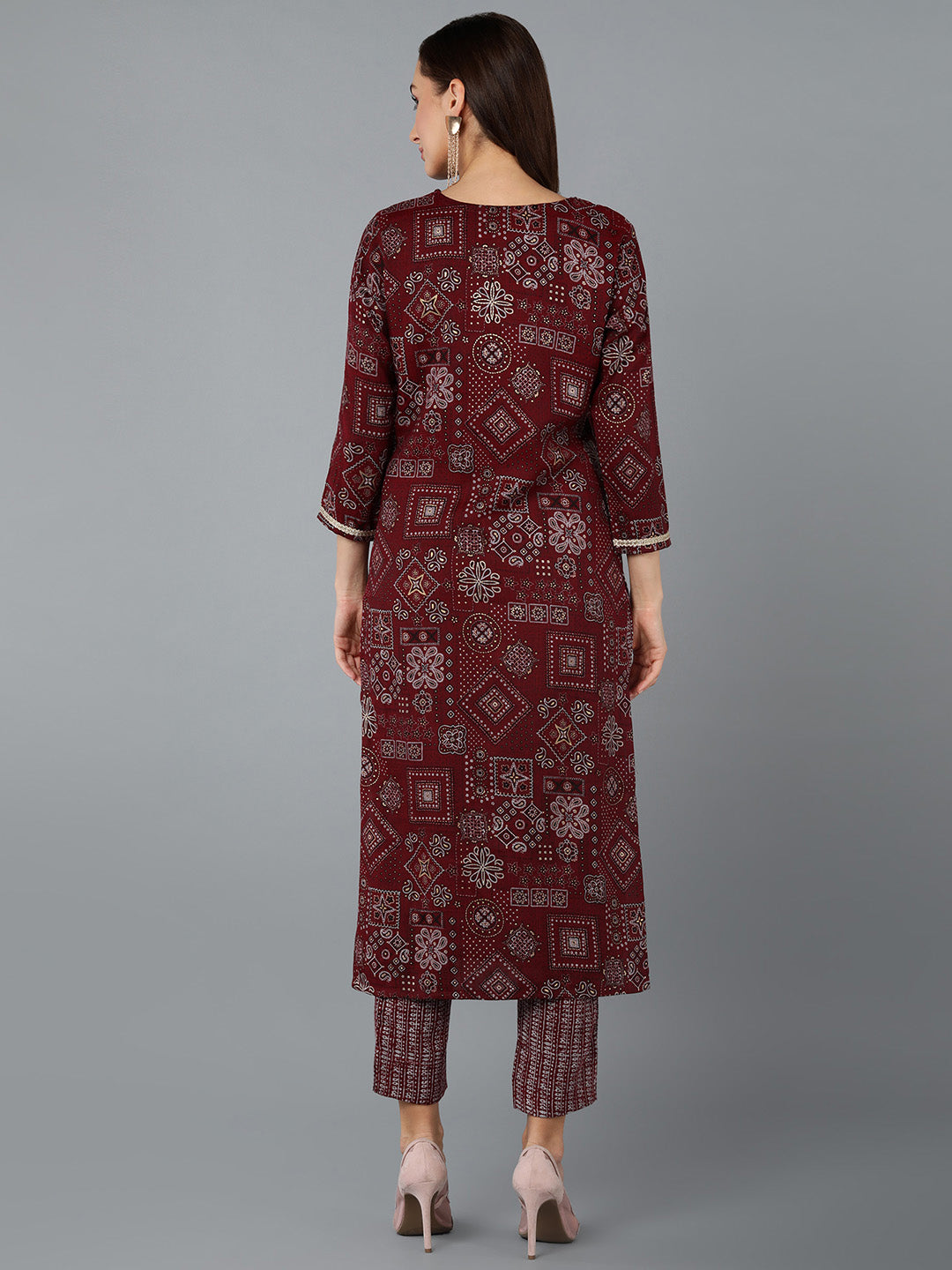 Women's Silk Blend Maroon Printed Regular Fit Kurta - Ahika