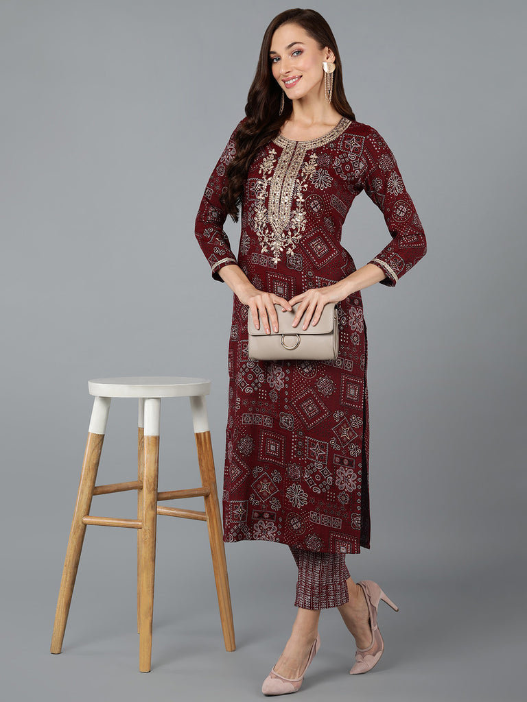 Women's Silk Blend Maroon Printed Regular Fit Kurta