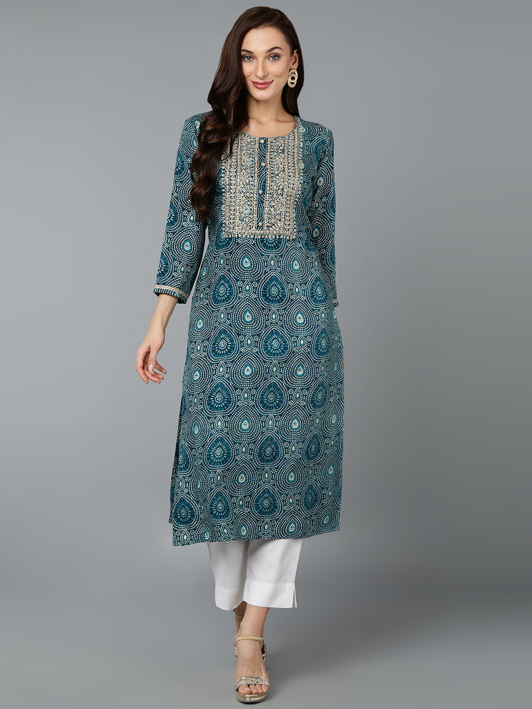 Women's Viscose Rayon Teal Blue Printed Regular Fit Kurta