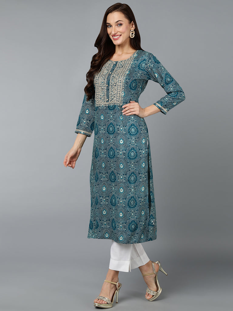Women's Viscose Rayon Teal Blue Printed Regular Fit Kurta