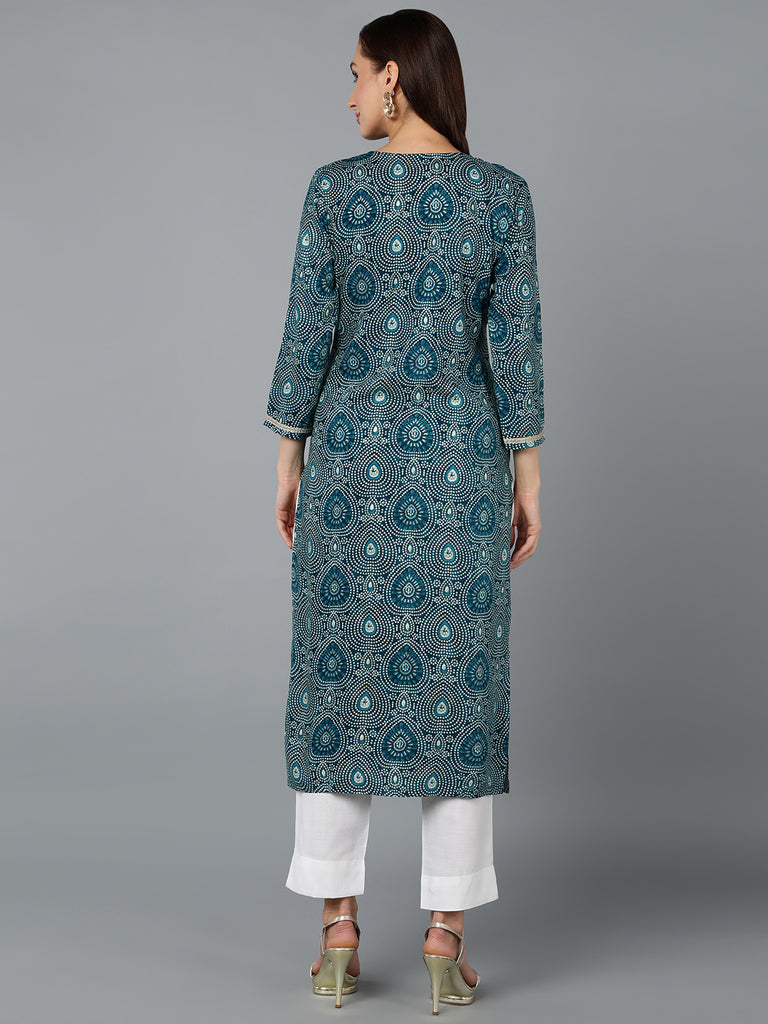 Women's Viscose Rayon Teal Blue Printed Regular Fit Kurta