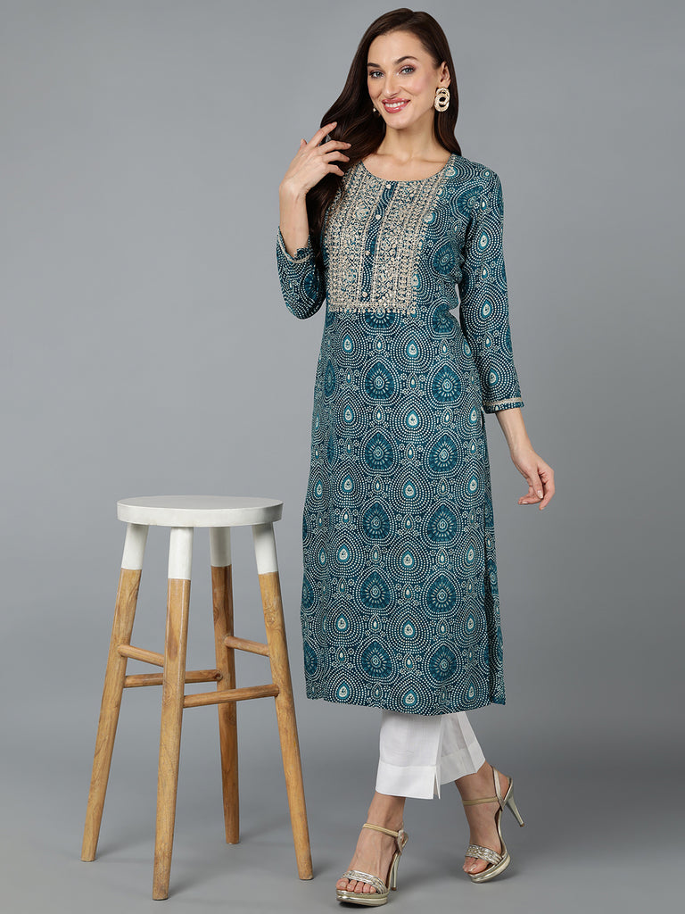 Women's Viscose Rayon Teal Blue Printed Regular Fit Kurta