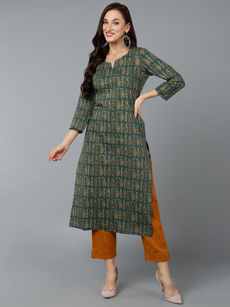 Women's Cotton Green Paisley Printed Regular Fit Kurta