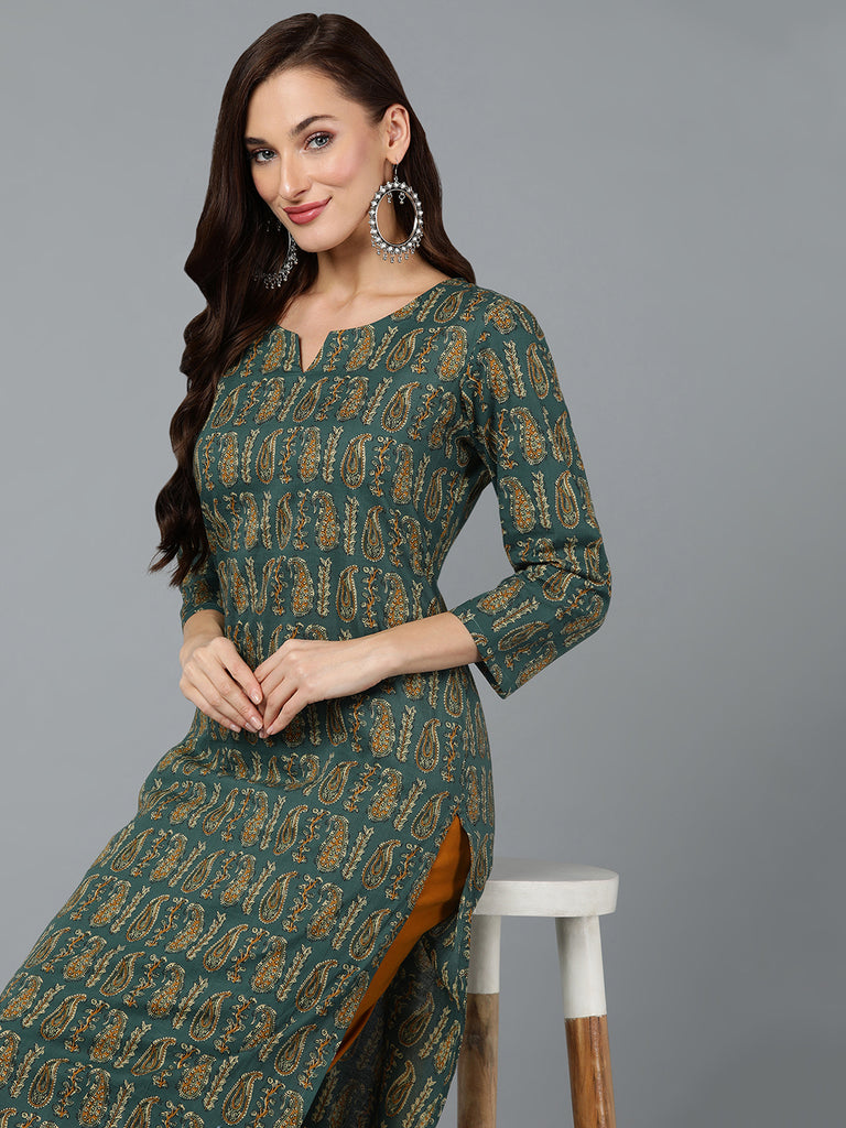Women's Cotton Green Paisley Printed Regular Fit Kurta