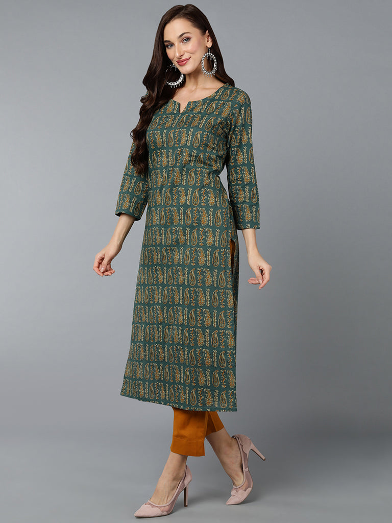 Women's Cotton Green Paisley Printed Regular Fit Kurta
