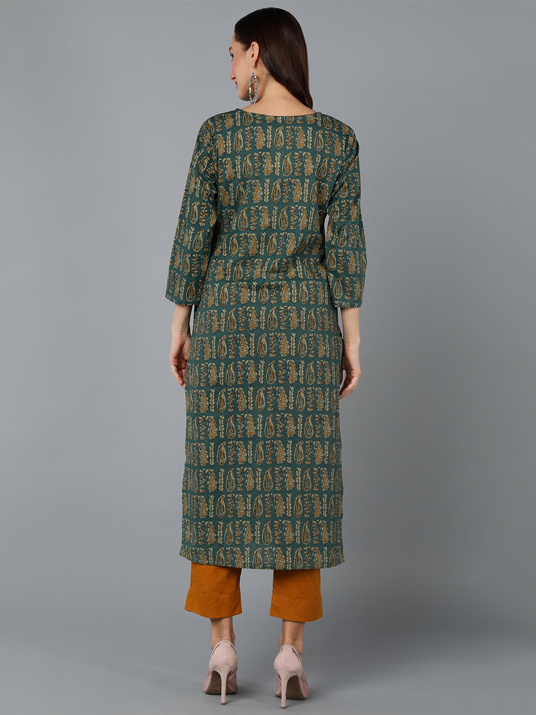 Women's Cotton Green Paisley Printed Regular Fit Kurta - Ahika